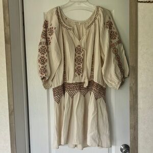 Lucky Brand Cream Mini Dress with Brown Embroidered Detailing